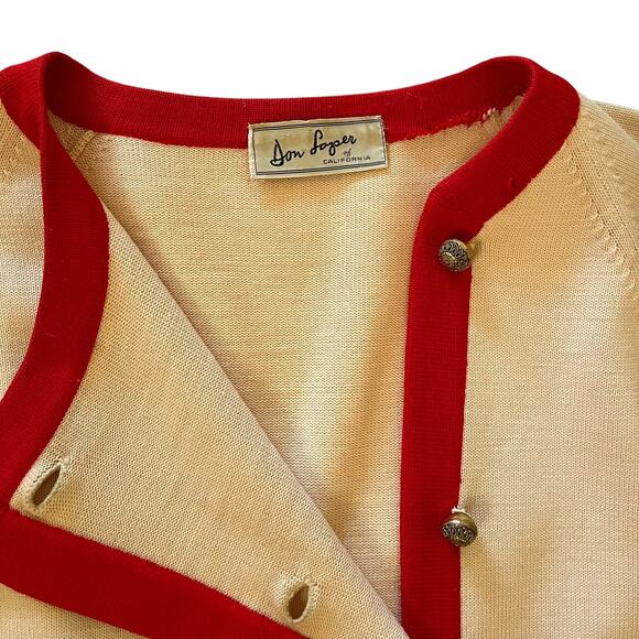 RARE Vintage Don Loper Cream Knit Red Trim Mod Cardigan 3/4-Sleeve Dinner Jacket - Picture 4 of 10